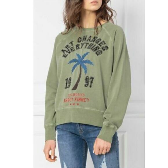 NWOT ZADIG & VOLTAIRE Sweatshirt L Sage-Green Embroidery”Art Change Everything” - Picture 1 of 9